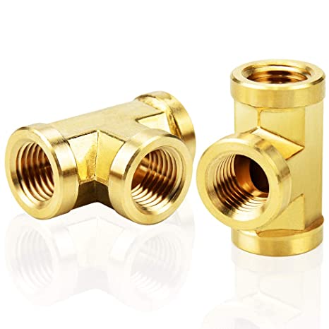 Tailonz Pneumatic Three Way Brass Pipe Fitting Tee T Adapter 1/4" x 1/4" x 1/4" NPT Female Pipe（5Pcs）