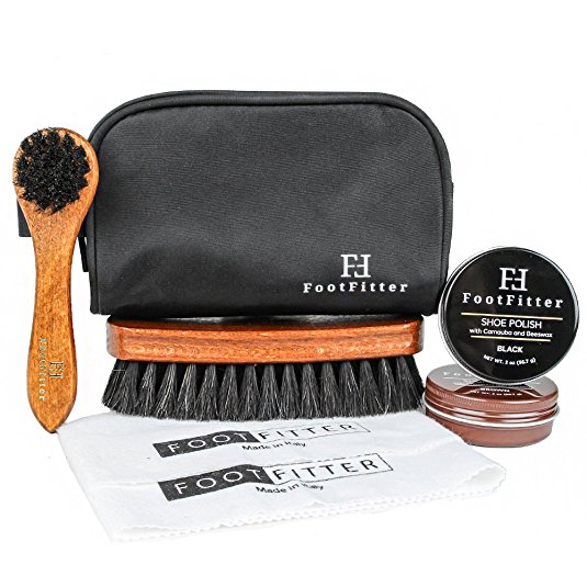 FootFitter Travel Shoe Polish Set with Travel Bag! - Polish, Dauber Brush, Polishing Brush, Cloths and Bag