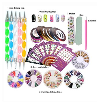 DIY Glitter Nail Rhinestones Decorations Dotting Tool Water Transfer Sticker Decal Nail Line Tape Striping Nails Sanding Buffing File Beauty Accessories Nail Art Set Kit (Style 2)