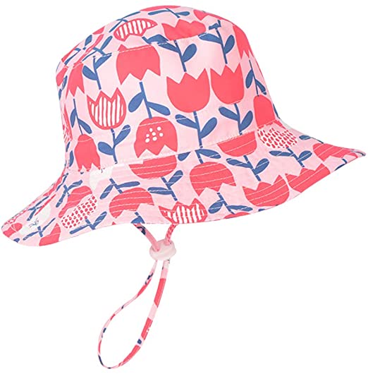 XIAOHAWANG Baby Bucket for Boys Toddler Girl Sun Hats Wide Brim UPF 50  Summer Beach Caps Kids Fishing Hat Outdoor (Pink Flower, 18.9"(48cm)(6-12 Months))