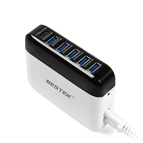 USB Wall Charger, BESTEK 40W 6-Port USB Charger Desktop Charging Station with USB-C for Smartphones and Tablets