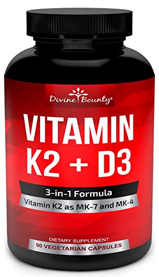 Vitamin K2 (MK7 & MK4) with D3 Supplement - Vitamin K & D as MK-7 100mcg, MK-4 500mcg, and 5000 IU Vitamin D3-3-in-1 Formula for Bone and Heart Support - 90 Non-GMO Vegetarian Capsules