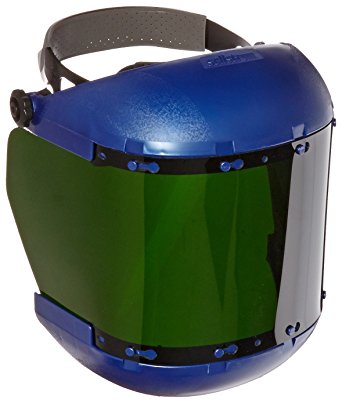 Sellstrom 38150 Blue Plastic Crown and Chin Protector Face Shield with IR Shade 5 Window and Ratchet Headgear