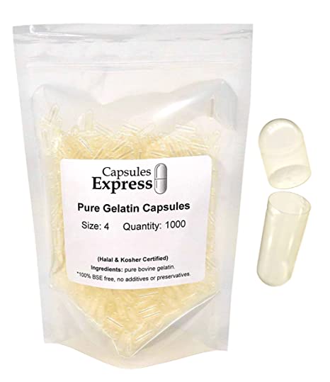 Capsules Express- Size 4 Clear Empty Gelatin Capsules 1000 Count - Kosher and Halal Certified - Gluten-Free Pure Bovine Gelatin Pill Capsule - DIY Powder Filling