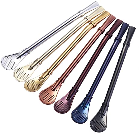 Stainless Steel Straw Filter Spoon, Yerba Mate Bombilla, Loose Leaf Tea Strainer, Tea Straw for Drinking Coffee, Cocktail, Pack of with Cleaning Brush, 7 Colors (1)