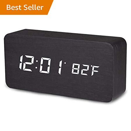 Vandora Wooden Alarm Clock, LED Digital Clock White Backlight, Voice Control Display Time, Date, Temperature Home & Office (Black