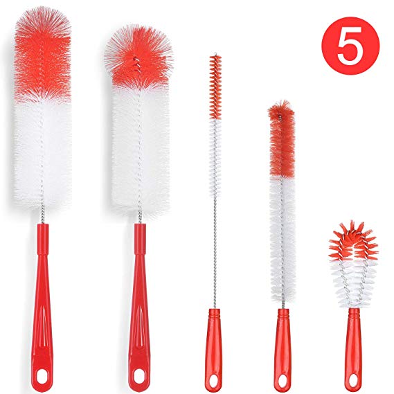 ALINK 5-Pack Bottle Brush Cleaner Set - Long Large Cleaing Brush for Washing Narrow Neck Wine/Beer Bottles, Hydro Flask, Thermos, Hummingbird feeder, S'Well, Water Bottles, Spout/Lid Brush, Straw Brush