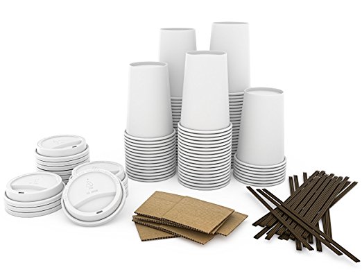 JUMBO Set of 110 - Paper Coffee Hot Cups, Travel Lids, Sleeves & Stirrers -12oz / 360ml - WHITE - Office/Party Pack - to go Coffee Cups, Disposable Travel Mug & Cover Hot/Cold Coffee, Tea & Chocolate
