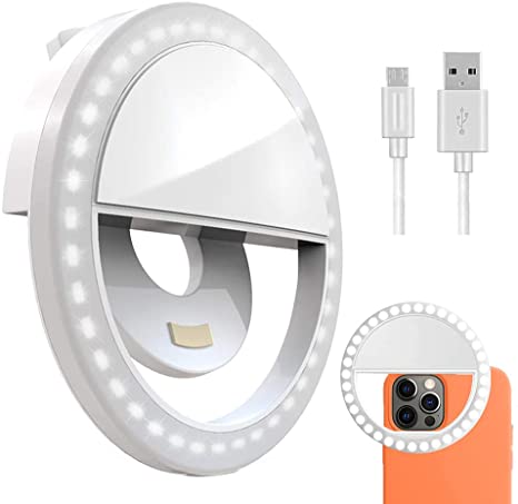 Selfie Light, Ring Led Circle Clip-on Selfie Fill Light with 36 Led Bubbles USB Rechargeable Portable for Girls' Beauty Makeup Mirror, Ambient Light, and Outdoor Photography.（White）