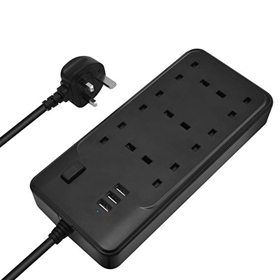 Power Strips with USB Ports, GotechoD 6 Way Outlets 3 USB Ports Max 3.1 A/5v Rapid Rechargeable Bulk Surge Protection Dust Prevention with 1.5 Meter Bold Extension Cord (black)