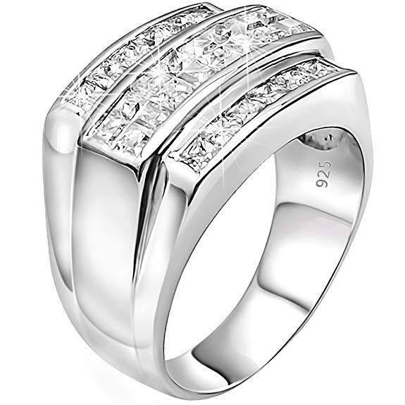Men's Sterling Silver .925 Designer Triple 3 Row Ring Featuring Invisible and Channel Set Cubic Zirconia (CZ) Stones, Platinum Plated Jewelry