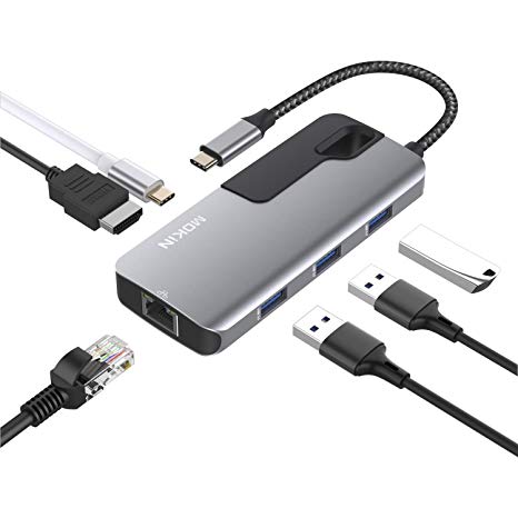 USB C Hub adapter for MacBook Pro 2019 2018 2017, MacBook Air 2018, MOKiN 6 in 1 USB C to HDMI, 3x USB 3.0 Gigabit Ethernet and USB C Power Pass-Through Port