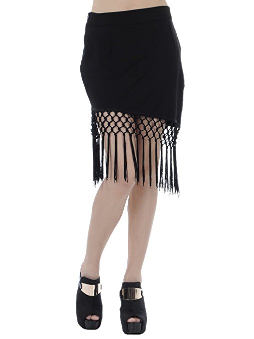 Anna-Kaci S/M Fit Black Diamond Woven Long Fringe Trim Angled Hem Mini Skirt