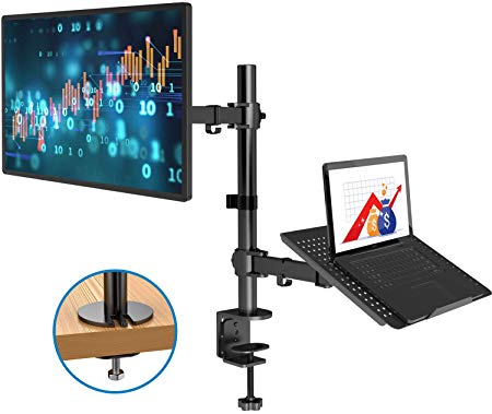 Monitor Stand with Keyboard Tray - Adjustable Desk Mount Laptop Holder with Clamp and Grommet Mounting Base for 13 to 27 Inch LCD Computer Screens Up to 22lbs, Notebook up to 15.6 Inch