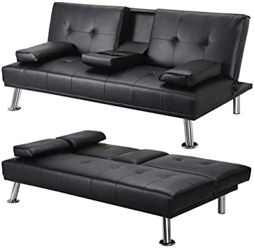 Yaheetech Click Clack Sofa Bed Faux Leather 3 Seater Sofa Couch Living Room/Spare Room/Guest Room Bed Settee With Cup Holders Black