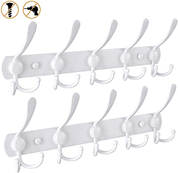 Oyydecor Wall Mounted Coat Rack, 2 Pack 5 Tri Hooks Heavy Duty Stainless Steel Coat Hook Rail for Coat Hat Towel Purse Robes (White)