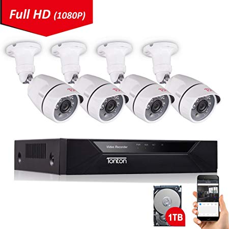 Tonton 8CH Full HD 1080P Security Camera System, Surveillance DVR with 1TB Hard Drive and (4) 2.0MP 1920TVL Waterproof Outdoor Indoor CCTV Bullet Camera with Face Detection and Perimeter Protection