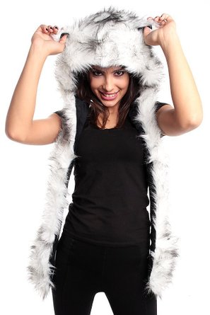 White Wolf Anime Faux Animal Hood Hoods Mittens Gloves Scarf Spirit Paws Ears
