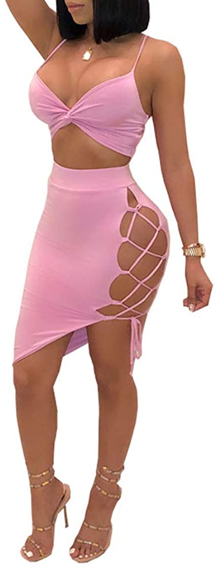 Women's Sleeveless Sexy Club Party Bandage Dresses Spaghetti Strap Two Piece Clubwear Crop Top   Lace Up Skirt