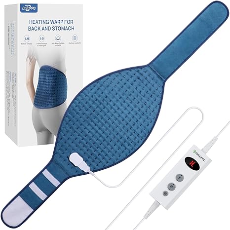 DISUPPO Almohadilla eléctrica para el estómago y la espalda, Cinturón calefactor de 56 x 30 cm con 10 Niveles de Calor y Apagado Automático, Suave y Lavable a Máquina, Azul