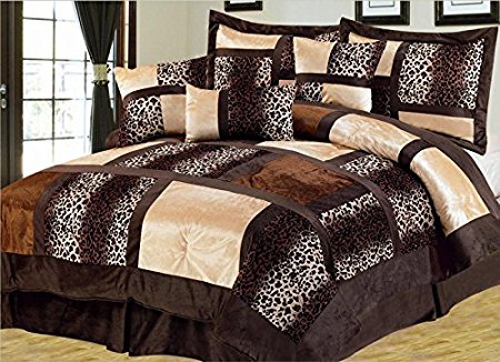 7 Piece Queen Leopard Patchwork Faux Fur Microfiber Comforter Set