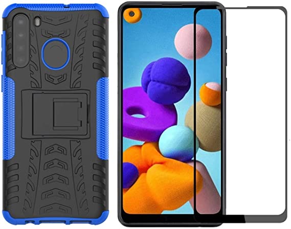 Yiakeng Samsung Galaxy A21 Case with Tempered Glass Screen Protector Shockproof Silicone Protective with Kickstand Hard Phone Cover for Samsung Galaxy A21 (Blue)