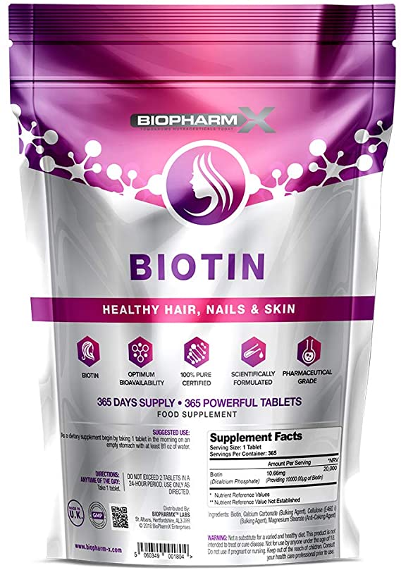 Biotin Hair & Nail Growth Supplement (365 Tablets / 1 Year Supply) 10,000mcg - 100% Pure Certified: Healthy Nail & Hair Growth, Maintenance of Normal Skin