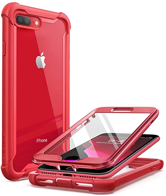 i-Blason Case for iPhone 8 Plus/iPhone 7 Plus, [Ares] Full-Body Rugged Clear Bumper Case with Built-in Screen Protector (Metallic Red)