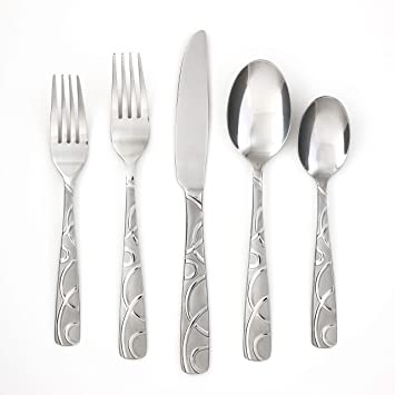 Cambridge Silversmiths Conquest Sand 20-Piece Flatware Silverware Set, Service for 4, Stainless Steel, Includes Forks/Knives/Spoons, Frost Finish