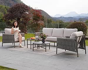 Grand patio 5-piece Patio Furniture Set, Outdoor Conversation Couch Set with 6-in Thick Cushions, Modern Sofa Chairs and 2 Side Tables for Porch Deck Garden Balcony Backyard