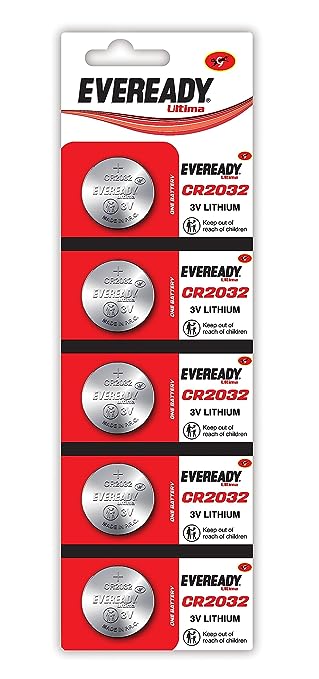Eveready Ultima CR 2032 Lithium Coin Battery 3V - Pack of 5, Best Suited for Keyfobs, Scales,Wearables, Toys & Medical Devices