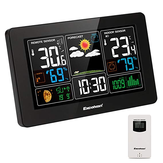 Excelvan Digital Wireless Weather Station Large LCD Color Display, Barometer Weather Forecast Indoor Outdoor Sensor, Temperature Humidity Monitor, Alarm Clock, Black (B)