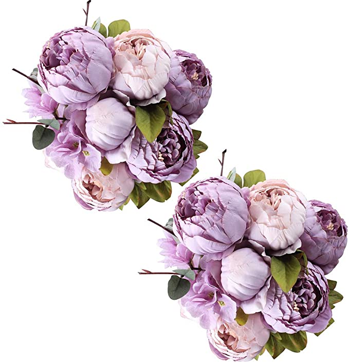 Fule 2 Pack Large Artificial Peony Silk Flower Bouquets Arrangement Wedding Centerpieces (New Purple)