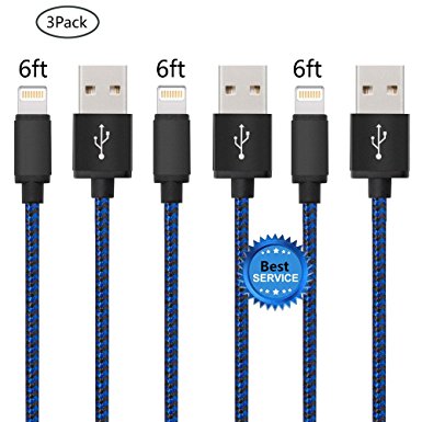 iPhone Cable SGIN 3-PACK 6FT Nylon Braided Lightning to USB Charger - Syncing and Charging Cord for Apple iPhone 7, 7 Plus, 6s, 6s , 6, SE, 5s, 5c, 5, iPad Mini, Air, iPod (Black & Blue)