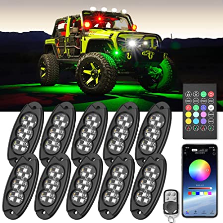 MustWin RGB LED Rock Lights Kit, 10 Pods Dreamcolor Underglow Neon Lights for Truck with Phone APP & RF Remote Control Waterproof & Timing & Music Mode Underglow Kit for Jeep Off Road Truck Car ATV