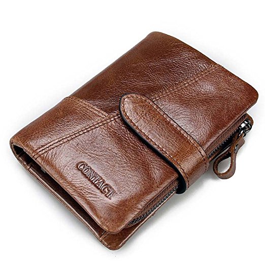 Men Vintage Cowhide Leather Bifold zipper with Credit Card Holder Bifold Wallet