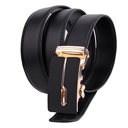 JINIU Men's Leather Belt Automatic Buckle 35mm Ratchet Dress Black Belts Boxed