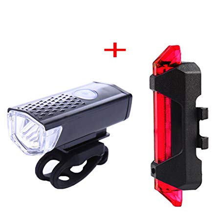 TR.OD USB Rechargeable Bike Light Set Bicycle Headlight, Tail light, LED Water Resistant Front Light, Easy To Install for Kids Men Women Cycling Safety Flashlight, Set B Black