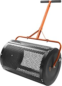 VEVOR Compost Spreader and Peat Moss Spreader, 24" Push/Tow-Behind Roller Lawn Spreader with Height Adjustable T Shaped Handle, Steel Mesh Basket Garden Spreader for Spreading Manure Topsoil, Black