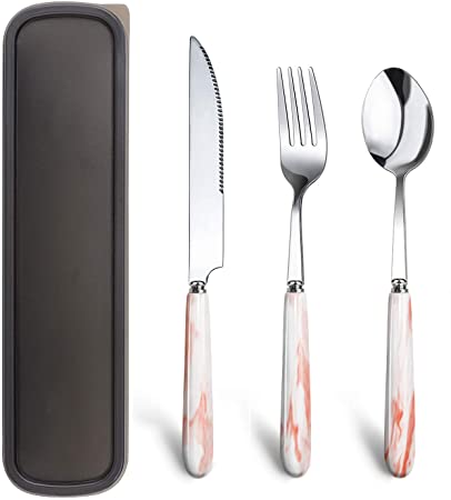 Portable Utensils Set with Case - 3 Pieces Ceramics Handle Reusable Flatware Set Knife Fork Spoon for Travel/Camping Office Lunch with Carry Case (Rose red)