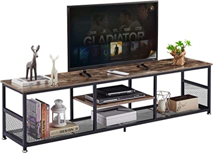 VECELO Industrial TV Stand for Televisions up to 80 Inch, 70" Entertainment Center with Open Storage Shelves for Living Room/Bedroom, 3 Tiers Media Console Table with Metal Frame, Brown, 70 Inches