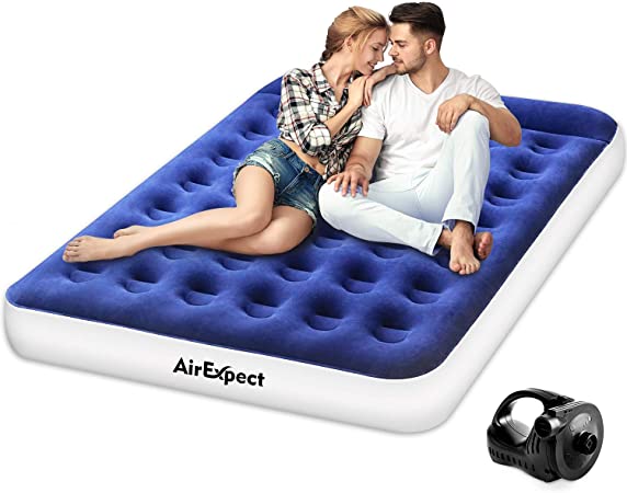 AirExpect Air Mattress Camping AirBed Queen & Twin Size Leak Proof Inflatable Mattress with Rechargeable Electric Pump Built-in Pillow for Guest,Camping,Hiking, Height 9",Storage Bag