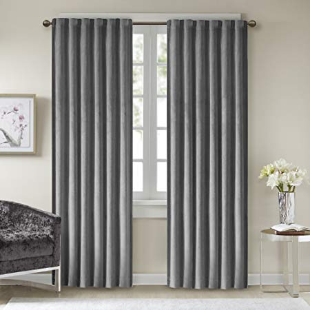 Comfort Spaces - Poly Velvet Window Curtain Pair 4pc Set - Dark Grey - 50x95 Inch Panel - Energy Efficient Saving - Curtain Rod Pocket - Include 2 Panels and 2 Tiebacks