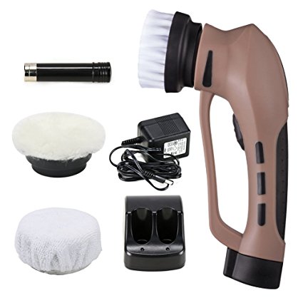 EVERTOP Electric Shoe Polisher Machine with Rechargeable Battery, Electric Leather Shoes Scrubber with Sponge Pad, Brush, Shine Kit (Brown)