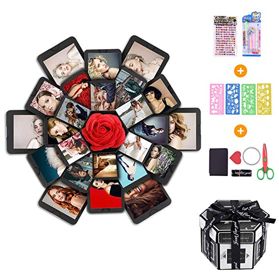 Creative Explosion Box -Explosion Box DIY Photo Album Scrapbook 6 Faces Explosion Gift Box for Wedding Proposal Engagement Birthday Anniversary Gifts, Black