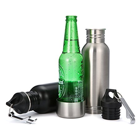 KINGSO 2 Pack Black and Silver Stainless Steel Beer Bottle Cooler Bottle Insulator Holder Keeps Beer Ice Cold with Bottle Opener and Sponge Pad