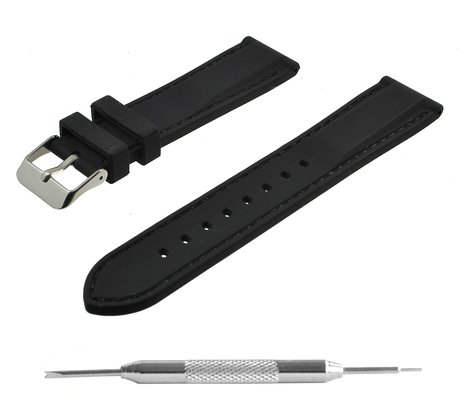Benchmark Straps 18, 20 & 22mm Black Silicone Rubber Watchband   Spring Bar Removal Tool (Black Stitching)