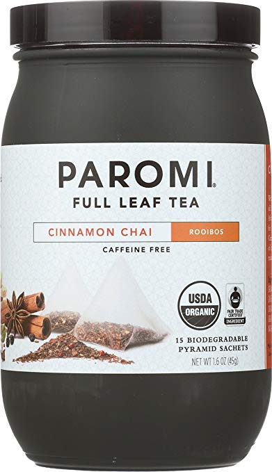 Paromi Tea Cinnamon Chai Tea 15 Tea Bags Full Leaf Tea in Individual Tea Sachets, Delicious Hot or Iced, Sweetened or Plain, Rooibos Chai with Cinnamon, Organic and Fair Trade Certified