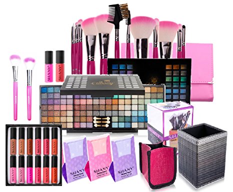 SHANY Holiday Exclusive All in One Makeup Set - Includes 15PC Makeup Brush Set, Eyeshadow Palette Makeup Set, 12PC Lipgloss Set, Cosmetics Brush Holder & Skin Care - Limited Quantities - COLORS VARY