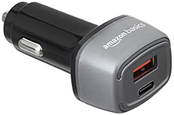 AmazonBasics Car Charger with 36W Fast Charging for Cellular Phones | Dual Port -Type C and USB Output | Micro USB Cable Included (Black)